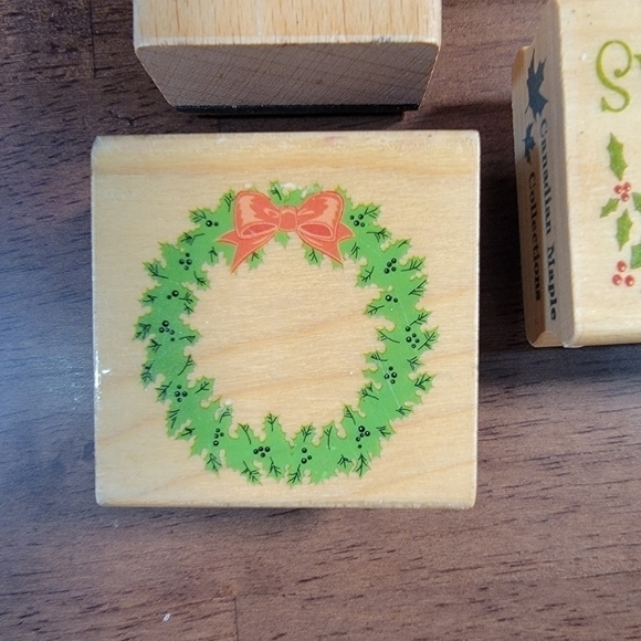 Lot of 5 wooden block rubber stamps for Christmas gift wrap crafting - Picture 8 of 10